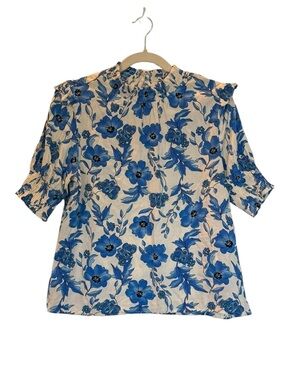 New THML Blue & White Floral Smocked Neck Short Sleeve Top Small $69